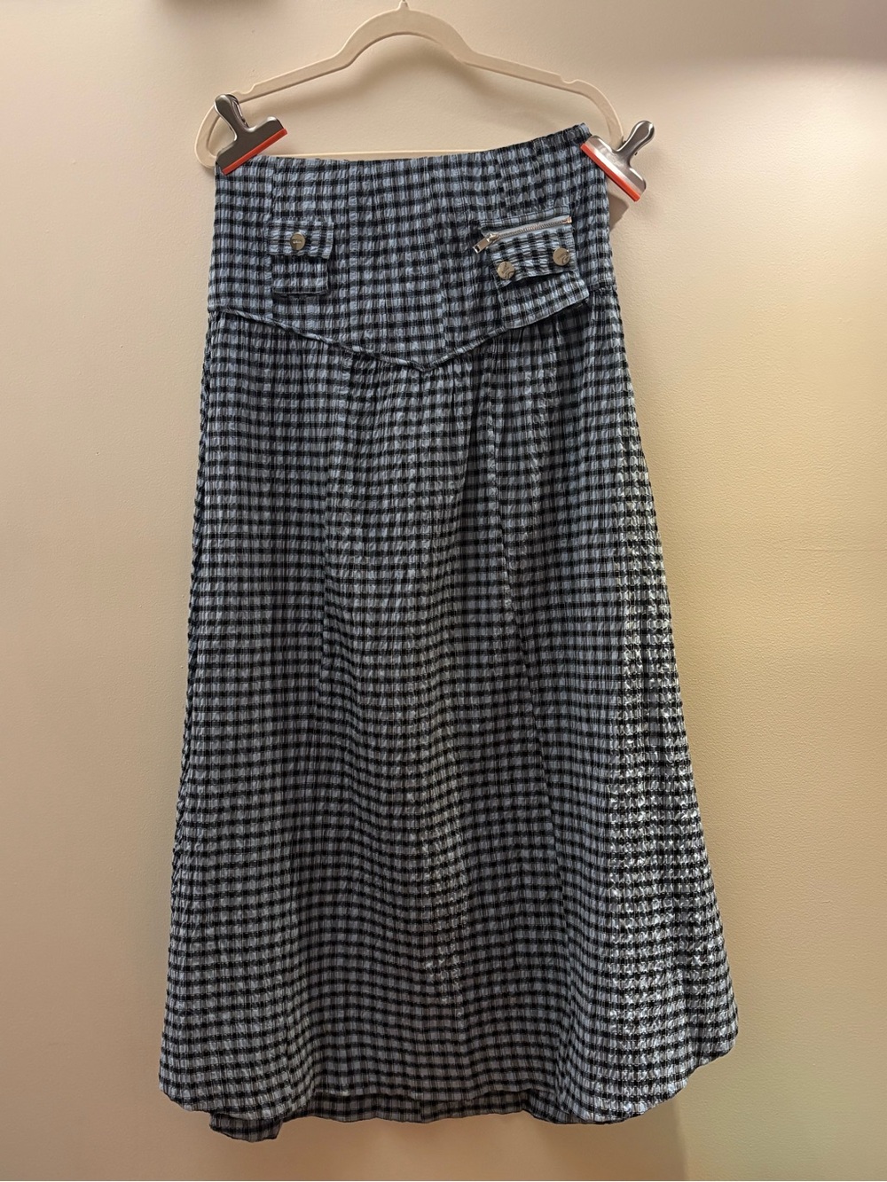 GANNI Seersucker Check Midi Skirt Cargo Pockets Smocked Waist Blue Black 38